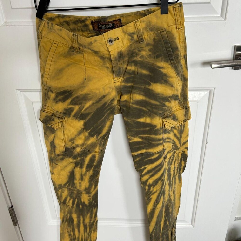 Jazzy River Designs Stylish Custom low rise yellow and black tie dye cargo pants
